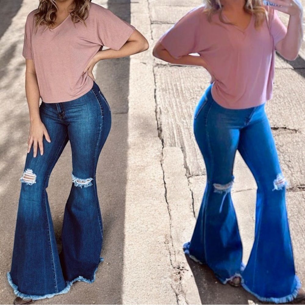 Mid Wash Distressed Knee Flare Jeans | High Rise Stretch | Raw Hem | NWT - Picture 6 of 16
